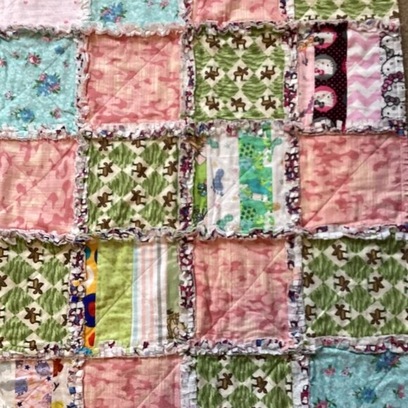 Handmade Rag Quilt + Matching Pillow Case 53” X  41” Small Twin Bedding - Picture 5 of 11